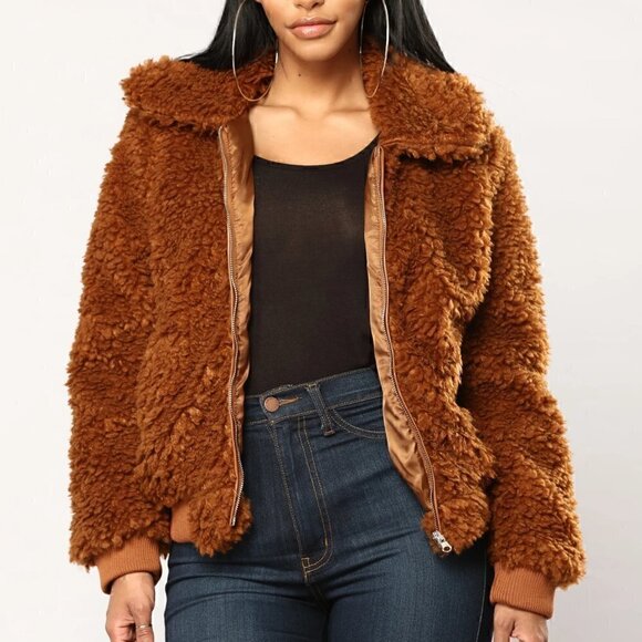 Cuddle up Faux Fur Zipper Jacket - Brown - Picture 1 of 6